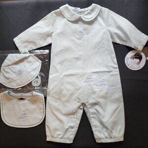 NEW Sarah Louise Blue Romper, Hat, & Bib Set/Outfit Embroidered Boats 3 Months